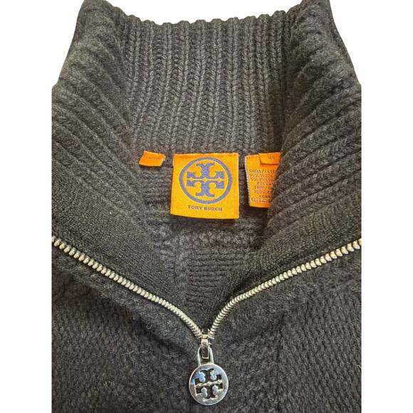 Tory Burch Dress Womens XS Black Pure Merino Wool Bell Cable Zip Cardigan Goth - Picture 6 of 16